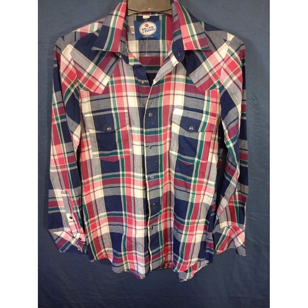 Vintage 70s Prior Streetwear Mens 14.5x33 Western Rodeo Snap‎ Button Shirt Plaid